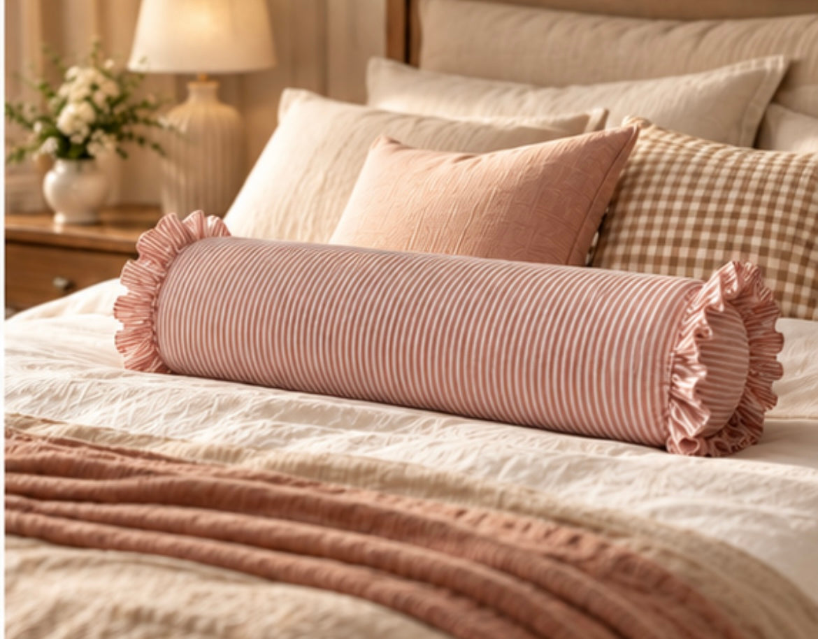 Pillow Classique rose rayé à volants sur un lit