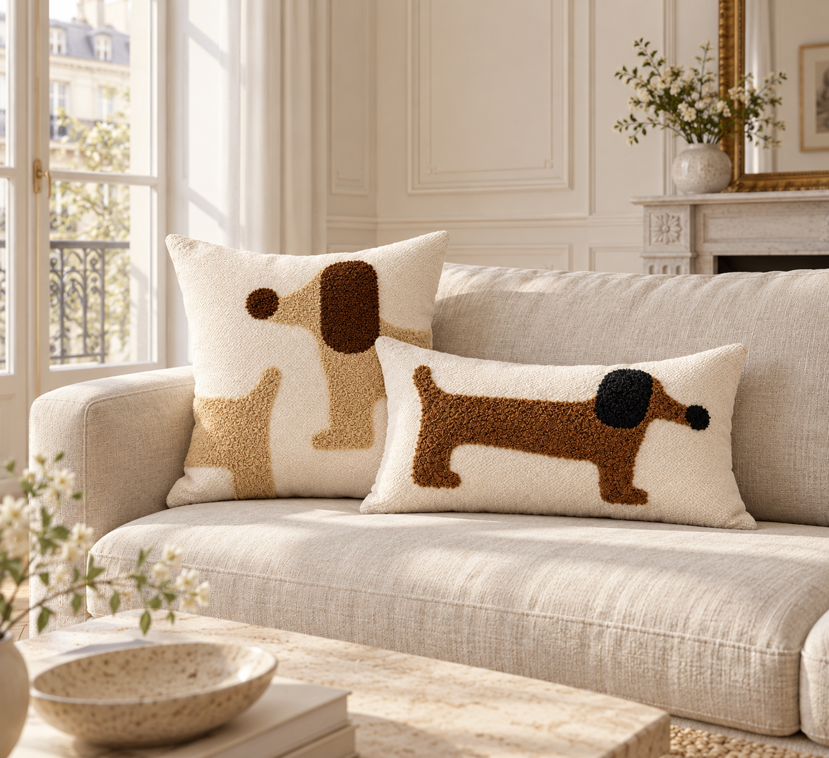 Coussins à motif chien sur un canapé dans un appartement parisien