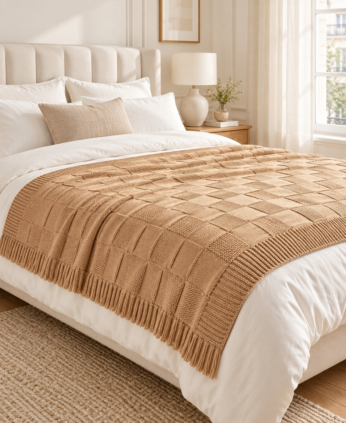 Cozy Plaid beige sur un lit
