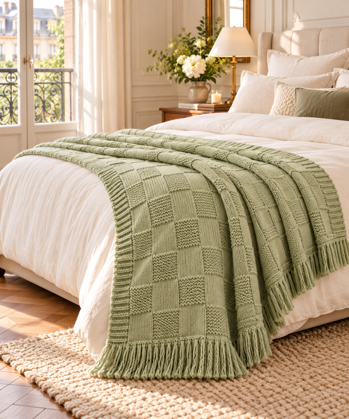 Cozy Plaid vert clair sur un lit