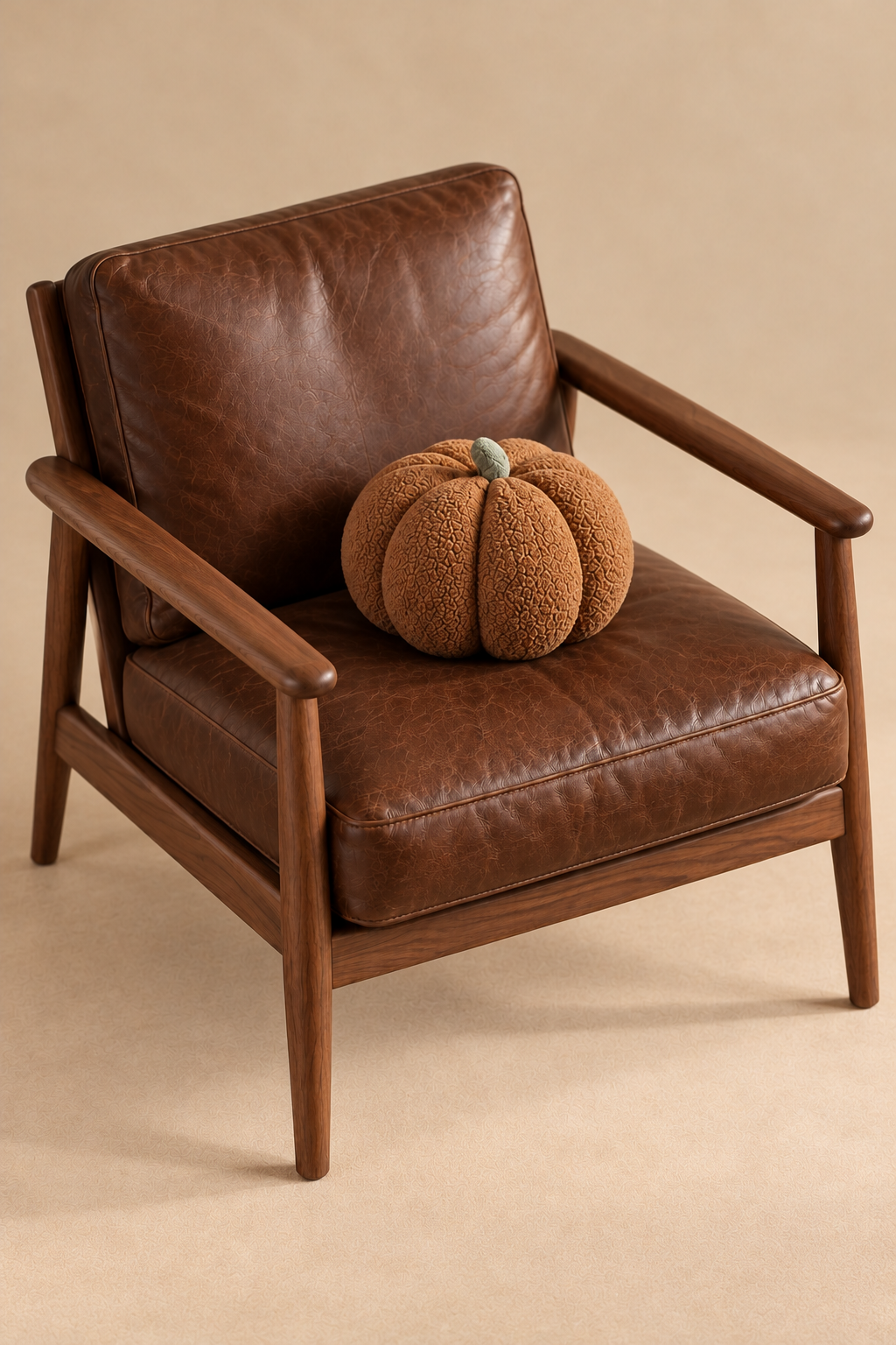 Pumpkin marron tige verte sur fauteuil brun — angle élevé
