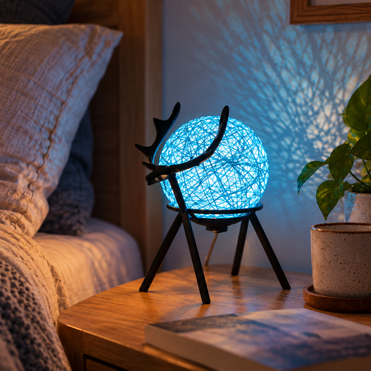 Lampe cerf bleue — détail tressage