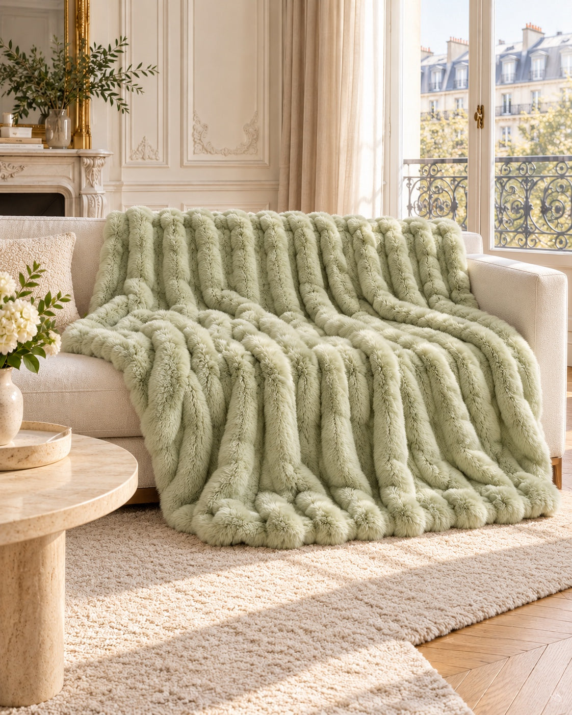 Fluffy Plaid vert sur canapé parisien