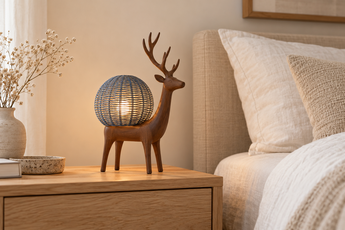 Lampe Cerf bleue sur une table de chevet, dans un studio chambre beige lumineux
