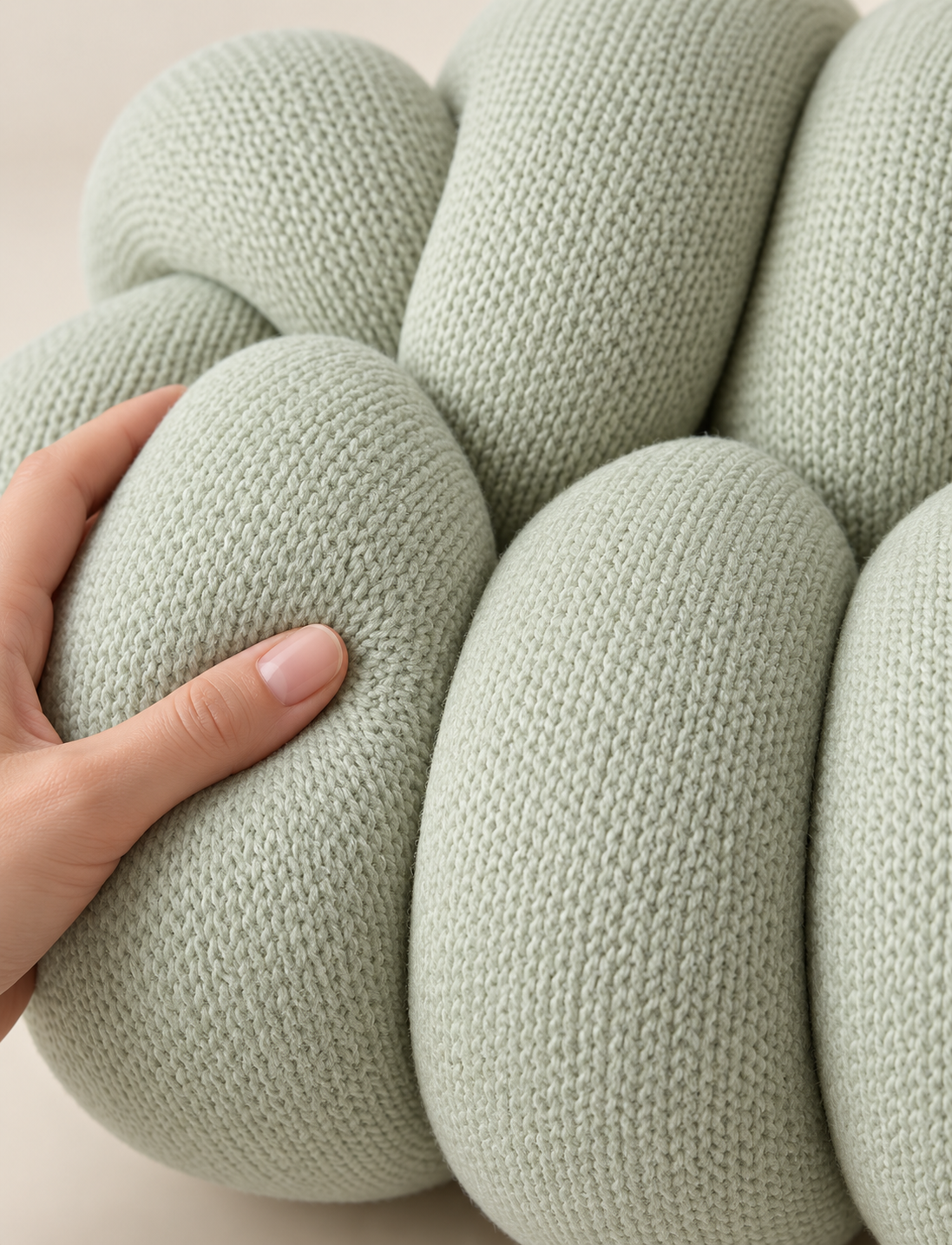 Détail de la maille tressée vert sauge du Pillow Melo, texture touchée à la main